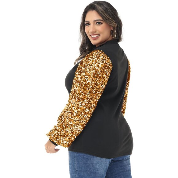 Women's Plus Size Sparkle Sequin Sweatshirt Mock Neck Long Sleeve Glitter Top - Picture 4 of 5